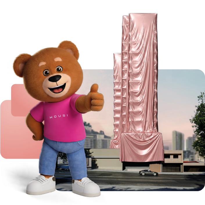 Mascote da Housi e prédio do empreendimento